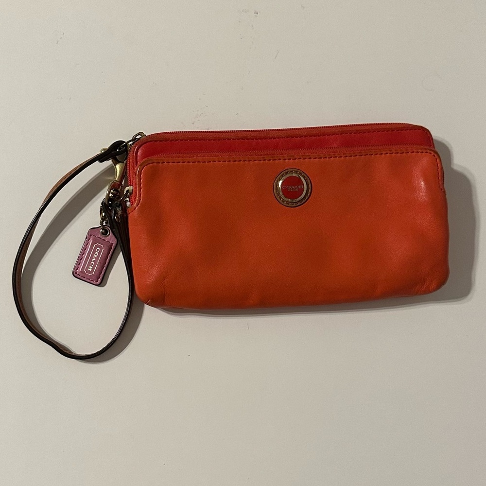 Coach Orange Coral Genuine Leather Wristlet Bag Vintage